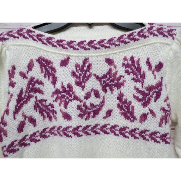 Vintage Mademoiselle Size Small (?) Cream Sweater w/ Purple Leaf Pattern - Picture 2 of 8